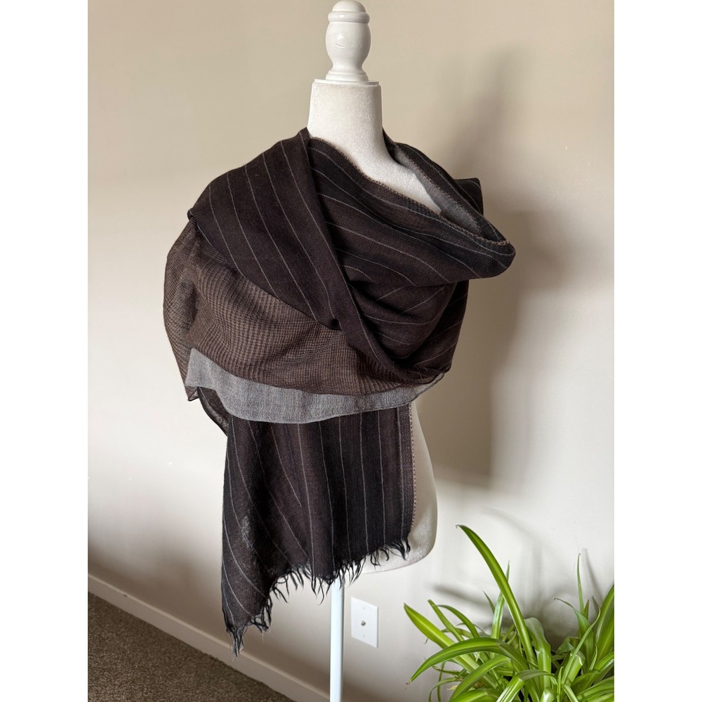 Furla Scarf 3 Layer Brown Pinstripe/Glen Plaid/Woven linen/Wool Italian Made LUX
